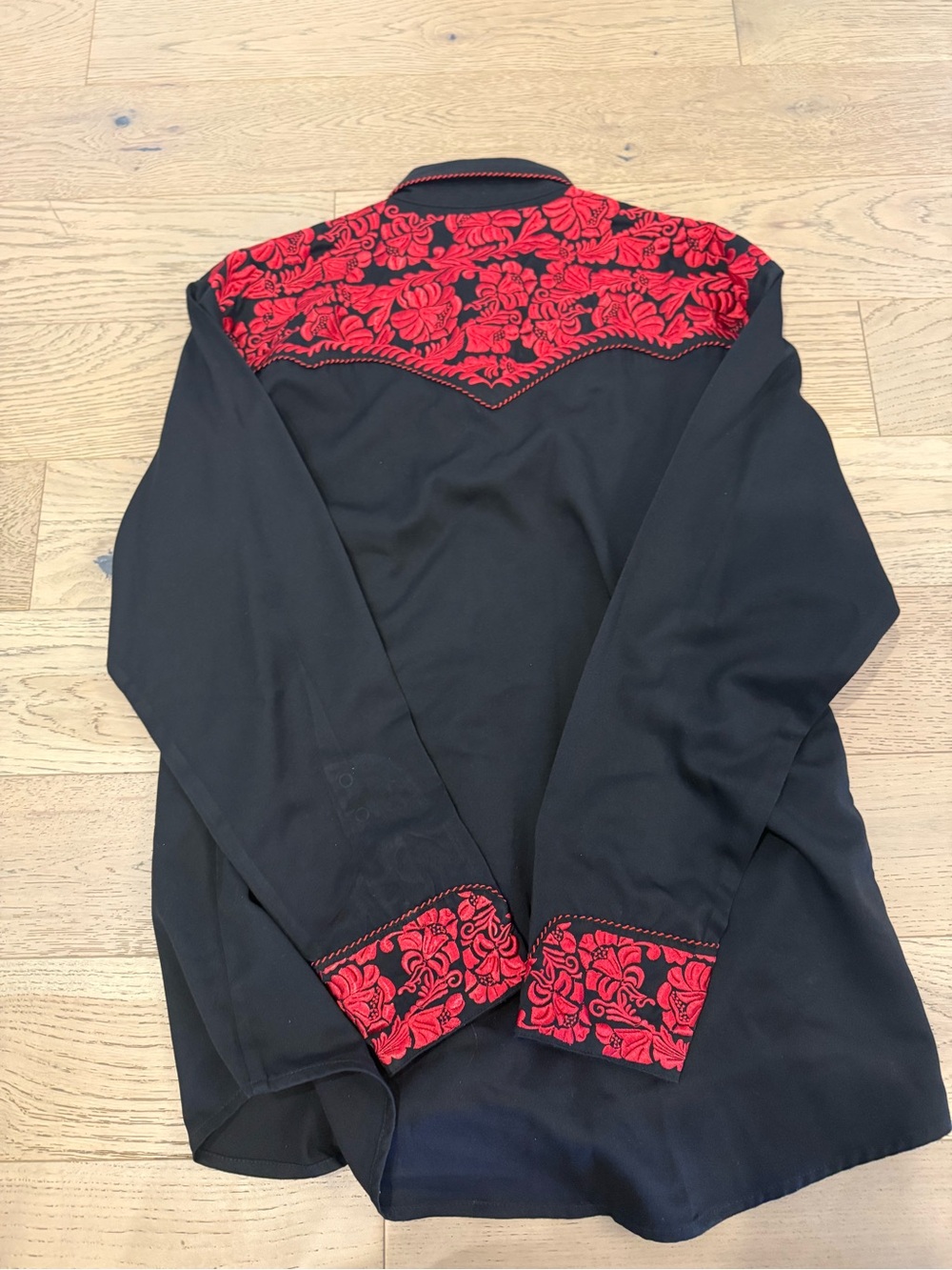 Scully Men’s Western Shirt Medium Black Red Floral Embroidered Pearl Snap - Picture 6 of 6